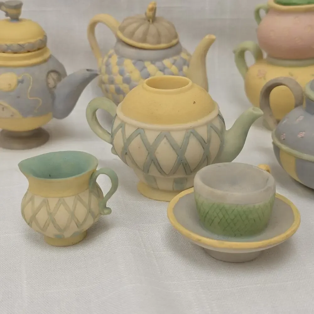 Russ Berrie Miniature Resin Teapot Tea Set Mixed Lot 8 Pc Dollhouse Fairy Garden